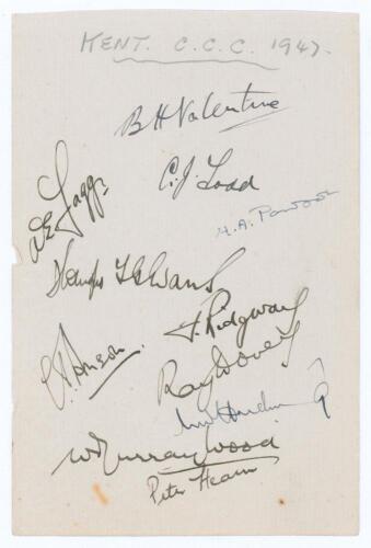 Kent C.C.C. 1947. Album page nicely signed in black ink by eleven members of the Kent team. Signatures are Valentine (Captain), Fagg, Todd, Pawson, Evans, Ridgway, Dovey, Harding, Murray-Wood, Hearn, and the rarer Geoffrey Anson (10 matches, Cambridge Uni