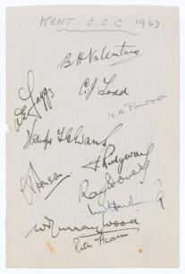 Kent C.C.C. 1947. Album page nicely signed in black ink by eleven members of the Kent team. Signatures are Valentine (Captain), Fagg, Todd, Pawson, Evans, Ridgway, Dovey, Harding, Murray-Wood, Hearn, and the rarer Geoffrey Anson (10 matches, Cambridge Uni