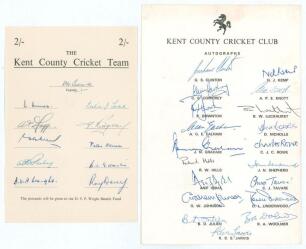 The Kent County Cricket Team&rsquo; 1950. Official &lsquo;Doug Wright Benefit Fund&rsquo; autograph sheet signed by the team. Eleven signatures in ink including Clark (Cpt), Ames, Wright, Todd, Dovey, Edrich, Evans, Fagg, Hearn etc. Very good condition, Sold with a furthe