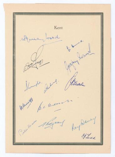 Kent C.C.C. c.1952. Page with printed title &lsquo;Kent&rsquo; and black borders, nicely signed in ink by thirteen Kent players. The page possibly an extract from a player benefit album. Signatures are Murray-Wood (Captain), Ames, Fagg, Evans, Wright, Phebey, Martin,