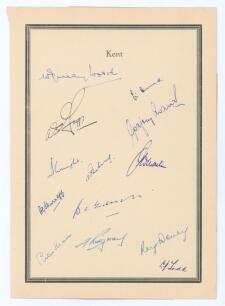 Kent C.C.C. c.1952. Page with printed title &lsquo;Kent&rsquo; and black borders, nicely signed in ink by thirteen Kent players. The page possibly an extract from a player benefit album. Signatures are Murray-Wood (Captain), Ames, Fagg, Evans, Wright, Phebey, Martin,