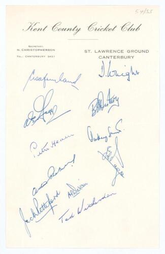 &lsquo;Kent County Cricket Club circa 1955. Official club headed paper nicely signed in ink by the Kent team of 1955. Signatures include Wright, Evans, Fagg, Disbury, Smith, Page, Pettiford, Witherdean, Dixon etc. Very good condition