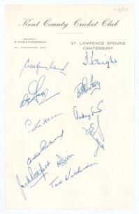 &lsquo;Kent County Cricket Club circa 1955. Official club headed paper nicely signed in ink by the Kent team of 1955. Signatures include Wright, Evans, Fagg, Disbury, Smith, Page, Pettiford, Witherdean, Dixon etc. Very good condition