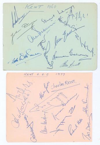 Kent C.C.C. 1969 & 1977. Two larger album pages, one signed by twelve members of the 1969 Kent team, the other by twelve of the 1977 team. Signatures are Denness, Dye, Brown, Underwood, Woolmer, Leary, Asif Iqbal, Dixon, Ealham, Luckhurst, Graham, Knott, 