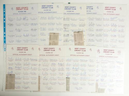 Kent County Cricket Club 1990-1999. A collection of official autograph sheets for Kent teams being 1990 (21 signatures), 1992 (21), 1993 (22), 1994 (22), 1995 (22), 1996 (26), 1997 (25), 1998 (25) and 1999 (26). Good condition. Qty 9