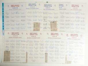 Kent County Cricket Club 1990-1999. A collection of official autograph sheets for Kent teams being 1990 (21 signatures), 1992 (21), 1993 (22), 1994 (22), 1995 (22), 1996 (26), 1997 (25), 1998 (25) and 1999 (26). Good condition. Qty 9