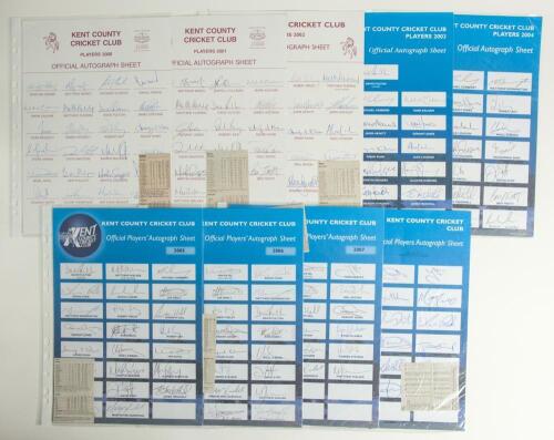 Kent County Cricket Club 2000-2008. A collection of official autograph sheets for Kent teams being 2000 (25 signatures), 2001 (25), 2002 (22), 2003 (19), 2004 (21), 2005 (23), 2006 (23), 2007 (19) and 2008 (17). Good condition. Qty 9