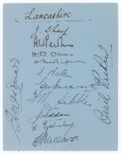 Lancashire C.C.C. 1925. Album page very nicely signed in black ink by the twelve members of the Lancashire team for the match v Sussex at Hove 26th- 28th August 1925. Signatures are Sharp (Captain), Pewtress, Makepeace, Watson, Duckworth, Sibbles, Iddon, 