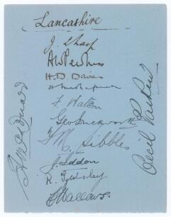 Lancashire C.C.C. 1925. Album page very nicely signed in black ink by the twelve members of the Lancashire team for the match v Sussex at Hove 26th- 28th August 1925. Signatures are Sharp (Captain), Pewtress, Makepeace, Watson, Duckworth, Sibbles, Iddon, 