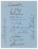 Lancashire C.C.C. 1925. Album page very nicely signed in black ink by the twelve members of the Lancashire team for the match v Sussex at Hove 26th- 28th August 1925. Signatures are Sharp (Captain), Pewtress, Makepeace, Watson, Duckworth, Sibbles, Iddon, 