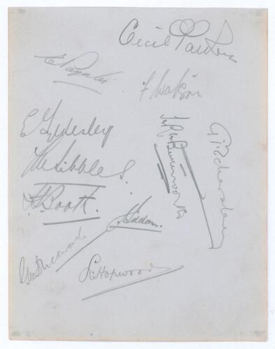Lancashire C.C.C. 1932. Album page nicely signed in pencil by eleven members of the Lancashire team. Signatures are Eckersley (Captain), Parkin, Paynter, Watson, E. Tyldesley, Sibbles, Booth, Duckworth, Iddon, Butterworth and Hopwood. Good/ very good cond