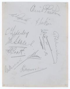 Lancashire C.C.C. 1932. Album page nicely signed in pencil by eleven members of the Lancashire team. Signatures are Eckersley (Captain), Parkin, Paynter, Watson, E. Tyldesley, Sibbles, Booth, Duckworth, Iddon, Butterworth and Hopwood. Good/ very good cond