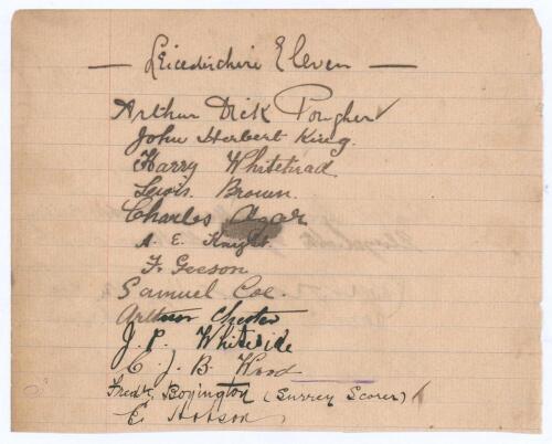 Leicestershire 1899. Lined page from a hotel register nicely signed in ink by eleven Leicestershire players plus the Surrey scorer Frederick Boyington and one other unknown signature. The page headed &lsquo;Leicestershire Eleven&rsquo;. Leicestershire player signatur