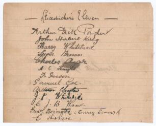 Leicestershire 1899. Lined page from a hotel register nicely signed in ink by eleven Leicestershire players plus the Surrey scorer Frederick Boyington and one other unknown signature. The page headed &lsquo;Leicestershire Eleven&rsquo;. Leicestershire player signatur
