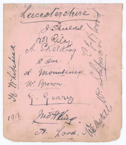 Leicestershire 1913. Album page signed the Leicestershire team. Thirteen signatures in ink including Shields, Riley, Skelding, Geary, Mounteney, W. Brown, Astill, Whitehead etc. To reverse are ten ink signatures of the Gloucestershire team of 1913 includi