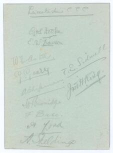 Leicestershire C.C.C. 1923. Album page signed in pencil by eleven members of the Leicestershire team. Signatures are Fowke (Captain), Dawson, Astill, Geary, Sidwell, Shipman, King, Bale, Lord, Skelding, and the rarer William Berridge (13 matches 1923-1924
