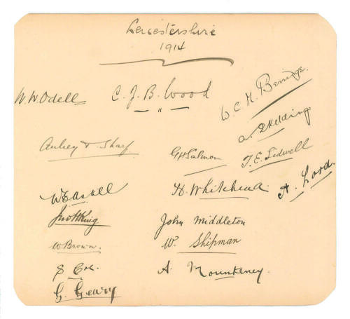Leicestershire C.C.C. 1914. Large album page beautifully signed in ink seventeen members of the Leicestershire playing staff. Signatures are C.B.J. Wood, Odell, Berridge, Sharp, Salmon, Skelding, Astill, Whitehead, Sidwell, J.H. King, Middleton, Lord, Bro