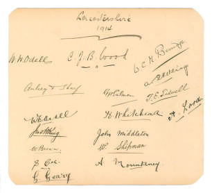 Leicestershire C.C.C. 1914. Large album page beautifully signed in ink seventeen members of the Leicestershire playing staff. Signatures are C.B.J. Wood, Odell, Berridge, Sharp, Salmon, Skelding, Astill, Whitehead, Sidwell, J.H. King, Middleton, Lord, Bro