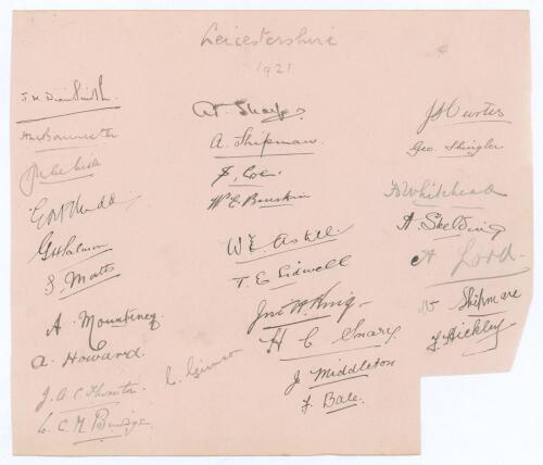 Leicestershire C.C.C. 1921. Large album page beautifully signed in ink and pencil by twenty eight members of the Leicestershire playing staff. Signatures A.T. Sharp (Cpt), John Dixie Smith (two matches), A.S. Matts (one match), Bannister, Whitehead, Skeld