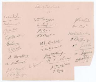 Leicestershire C.C.C. 1921. Large album page beautifully signed in ink and pencil by twenty eight members of the Leicestershire playing staff. Signatures A.T. Sharp (Cpt), John Dixie Smith (two matches), A.S. Matts (one match), Bannister, Whitehead, Skeld