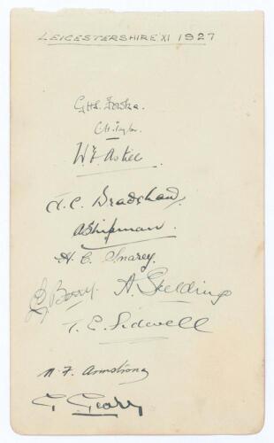 Leicestershire C.C.C. 1927. Album page nicely signed in ink by eleven members of the team. Signatures include G.H.S. Fowke (captain), Taylor, Astill, Shipman, Snary, Berry, Armstrong, Sidwell etc. Good condition