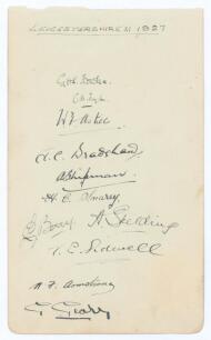 Leicestershire C.C.C. 1927. Album page nicely signed in ink by eleven members of the team. Signatures include G.H.S. Fowke (captain), Taylor, Astill, Shipman, Snary, Berry, Armstrong, Sidwell etc. Good condition
