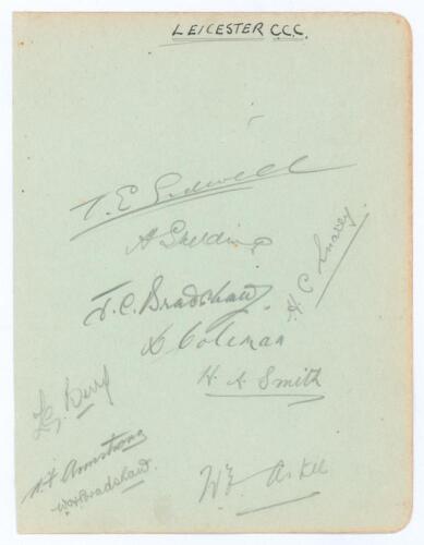 Leicestershire C.C.C. 1929. Larger album page signed in pencil by ten members of the Leicestershire team. Signatures are Sidwell, Skelding, J.C. Bradshaw, Snary, Coleman, Berry, Smith, Armstrong, Astill, and the rarer W.H. Bradshaw (three matches 1929). G