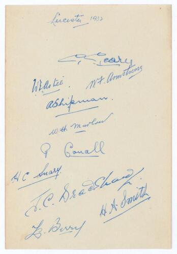 Leicestershire C.C.C. 1932. Album page very nicely signed in blue ink by ten members of the Leicestershire team. Signatures are Geary, Astill, Armstrong, Shipman, Marlow, Corrall, Snary, Bradshaw, H.A. Smith and Berry. Very good condition.