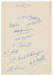 Leicestershire C.C.C. 1932. Album page very nicely signed in blue ink by ten members of the Leicestershire team. Signatures are Geary, Astill, Armstrong, Shipman, Marlow, Corrall, Snary, Bradshaw, H.A. Smith and Berry. Very good condition.