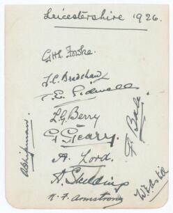 Leicestershire C.C.C. 1926. Small album page very nicely signed in black ink by eleven members of the 1926 Leicestershire team. Signatures are Fowke (Captain), Bradshaw, Sidwell, Berry, Geary, Lord, Skelding, Armstrong, Shipman, Bale and Astill. Slight sm