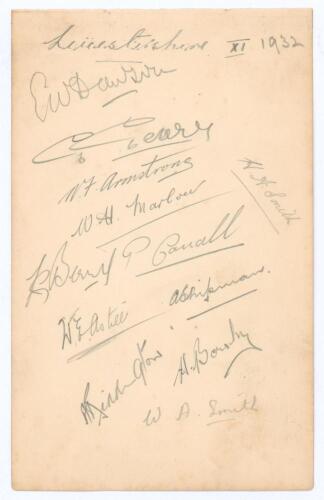 Leicestershire C.C.C. 1932. Album page signed in pencil by twelve Leicestershire players. Signatures are Eddie Dawson (captain), George Geary, Norman Armstrong, William Marlow, Les Berry, Percy Corrall, Ewart Astill, Alan Shipman, Haydon Smith, Anthony Ri