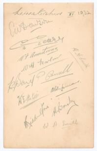 Leicestershire C.C.C. 1932. Album page signed in pencil by twelve Leicestershire players. Signatures are Eddie Dawson (captain), George Geary, Norman Armstrong, William Marlow, Les Berry, Percy Corrall, Ewart Astill, Alan Shipman, Haydon Smith, Anthony Ri