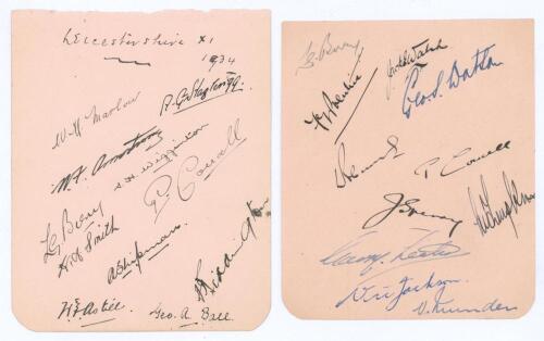 Leicestershire C.C.C. 1934 and 1948. Two album pages signed in ink by eleven members of the 1934 team and the 1948 team. Signatures include Hazlerigg, Armstrong, Astill, Ball, Berry, Prentice, Sperry, Jackson, Munden etc.