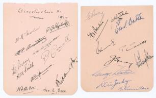 Leicestershire C.C.C. 1934 and 1948. Two album pages signed in ink by eleven members of the 1934 team and the 1948 team. Signatures include Hazlerigg, Armstrong, Astill, Ball, Berry, Prentice, Sperry, Jackson, Munden etc.