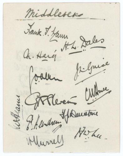 Middlesex C.C.C. 1925. Album page very nicely signed in black ink by the twelve members of the Middlesex team for the match v Sussex at Hove 1st- 4th August 1925. Signatures are Mann (Captain), Dales, Haig, Allen, Guise, Stevens, Bruce, Hearne, Hendren, D