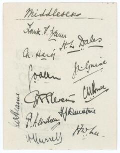 Middlesex C.C.C. 1925. Album page very nicely signed in black ink by the twelve members of the Middlesex team for the match v Sussex at Hove 1st- 4th August 1925. Signatures are Mann (Captain), Dales, Haig, Allen, Guise, Stevens, Bruce, Hearne, Hendren, D