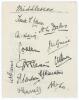 Middlesex C.C.C. 1925. Album page very nicely signed in black ink by the twelve members of the Middlesex team for the match v Sussex at Hove 1st- 4th August 1925. Signatures are Mann (Captain), Dales, Haig, Allen, Guise, Stevens, Bruce, Hearne, Hendren, D