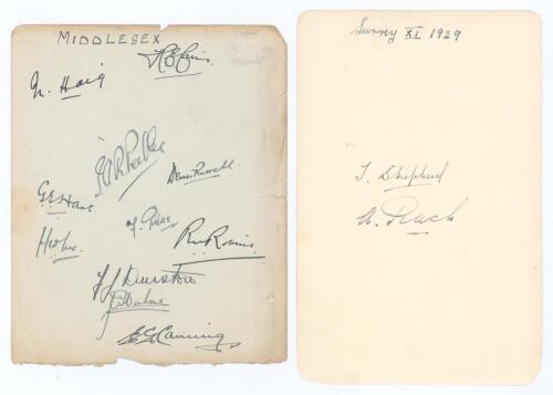 Middlesex and Surrey 1929. Large album page nicely signed in ink by eleven members of the Middlesex team c.1929. Signatures are Haig (Captain), Carris, Peebles, Russell, Hart, Price, Lee, Robins, Durston, Hulme and Canning. Wear and nicks to page edges, o