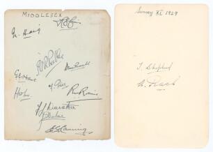 Middlesex and Surrey 1929. Large album page nicely signed in ink by eleven members of the Middlesex team c.1929. Signatures are Haig (Captain), Carris, Peebles, Russell, Hart, Price, Lee, Robins, Durston, Hulme and Canning. Wear and nicks to page edges, o