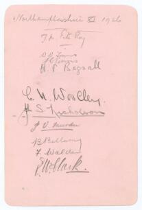 Northamptonshire 1926. Large album page nicely signed in pencil by ten members of the Northamptonshire team. Signatures are Fitzroy (Captain), W. Timms, J. Timms, Bagnall, Woolley, Nicholson, Murdin, Bellamy, Walden and Clark. To the verso, the signature 