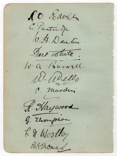 Northamptonshire and Yorkshire 1921. Album page nicely signed in ink to one side by eleven members of the Northamptonshire team and, to the verso, by seven of Yorkshire. Northamptonshire signatures are Raven (Captain), W.H. Denton, White, Buswell, Wells, 
