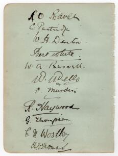 Northamptonshire and Yorkshire 1921. Album page nicely signed in ink to one side by eleven members of the Northamptonshire team and, to the verso, by seven of Yorkshire. Northamptonshire signatures are Raven (Captain), W.H. Denton, White, Buswell, Wells, 