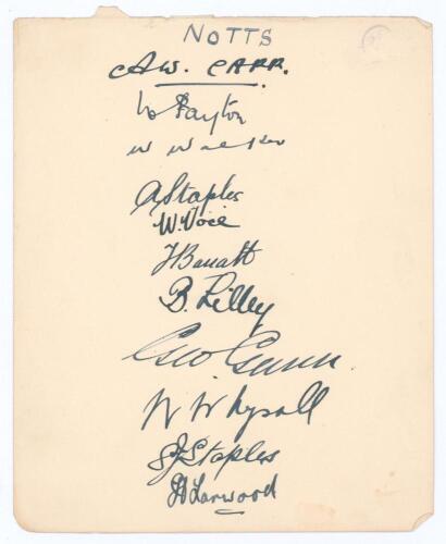 Nottinghamshire c.1928/29. Large album page very nicely signed in ink by eleven members of the Nottinghamshire team. Signatures are Carr (Captain), Payton, Walker, A. Staples, Voce, Barratt, Lilley, G. Gunn, Whysall, S. Staples and Larwood. Good/ very goo