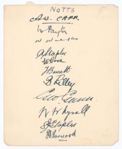 Nottinghamshire c.1928/29. Large album page very nicely signed in ink by eleven members of the Nottinghamshire team. Signatures are Carr (Captain), Payton, Walker, A. Staples, Voce, Barratt, Lilley, G. Gunn, Whysall, S. Staples and Larwood. Good/ very goo