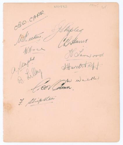 Nottinghamshire C.C.C. c.1930. Large album page very nicely signed in ink by twelve members of the Nottinghamshire team. Signatures are Carr (Captain), Keeton, S. Staples, Voce, Harris, A. Staples, Larwood, Lilley, Hardstaff, Walker, Gunn, and Shipston. T