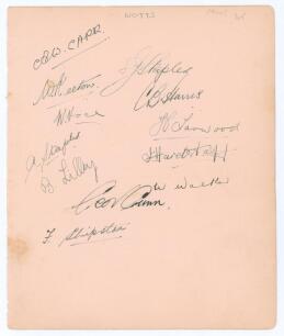 Nottinghamshire C.C.C. c.1930. Large album page very nicely signed in ink by twelve members of the Nottinghamshire team. Signatures are Carr (Captain), Keeton, S. Staples, Voce, Harris, A. Staples, Larwood, Lilley, Hardstaff, Walker, Gunn, and Shipston. T