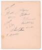 Nottinghamshire C.C.C. c.1930. Large album page very nicely signed in ink by twelve members of the Nottinghamshire team. Signatures are Carr (Captain), Keeton, S. Staples, Voce, Harris, A. Staples, Larwood, Lilley, Hardstaff, Walker, Gunn, and Shipston. T