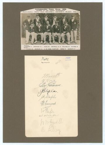 Nottinghamshire C.C.C. 1929. Large album page very nicely signed in pencil (one in ink) by ten members of the Nottinghamshire team. Signatures in pencil are Barratt, Voce, Gunn, Staples, Larwood, Payton, Walker, Whysall, and Lilley, also Staples in ink. T