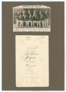 Nottinghamshire C.C.C. 1929. Large album page very nicely signed in pencil (one in ink) by ten members of the Nottinghamshire team. Signatures in pencil are Barratt, Voce, Gunn, Staples, Larwood, Payton, Walker, Whysall, and Lilley, also Staples in ink. T
