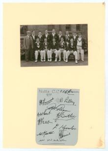 Nottinghamshire C.C.C. 1937. Album page nicely signed in black ink by eleven members of the Nottinghamshire team. Signatures are Heane (Captain), Larwood, Lilley, Gunn, Wheat, Butler, Voce, Knowles, Keeton, Harris and Walker. The page with horizontal fold